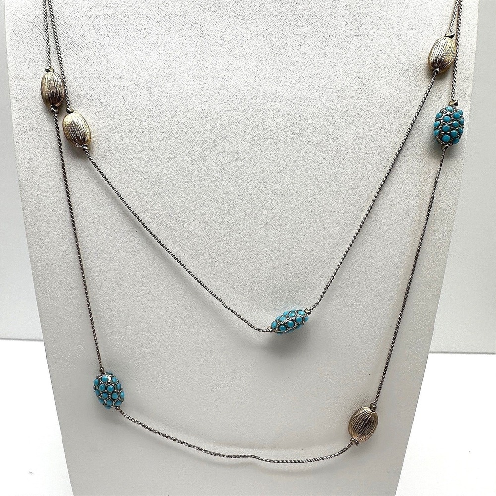 Vintage 90s Gold Tone Long Station Necklace Blue Turquoise Glass Bead Oval Retro